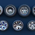 Car Tires With Various Stylish Alloy Wheel Designs Displayed On Dark Background