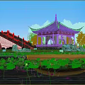 Scenic Landscape Bridge With Traditional Pagoda Willow Trees Pink Flowering Trees And Lotus Pond