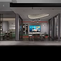 Modern Lobby Interior With Reception Desk Multiple Doors Red Decorative Wall And Gray Flooring