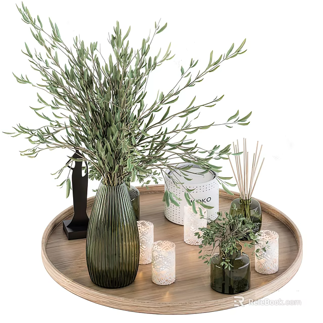 Dark Green Striped Vase with Green Foliage on Wooden Tray and White Candles Small Diffuser 3d model 