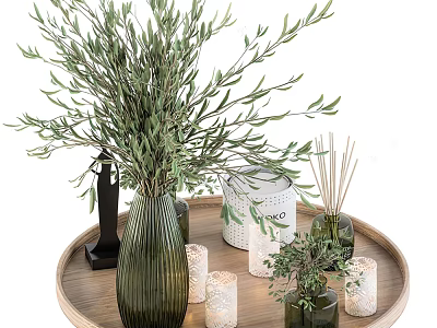 Dark Green Striped Vase with Green Foliage on Wooden Tray and White Candles Small Diffuser 3d model