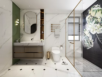 Elegant Modern Bathroom Interior With Marble Green Wall Oval Mirror And Glass Shower 3d model