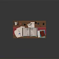 Wooden Writing Desk With Open Book Table Lamp Hourglass And Stationery Items