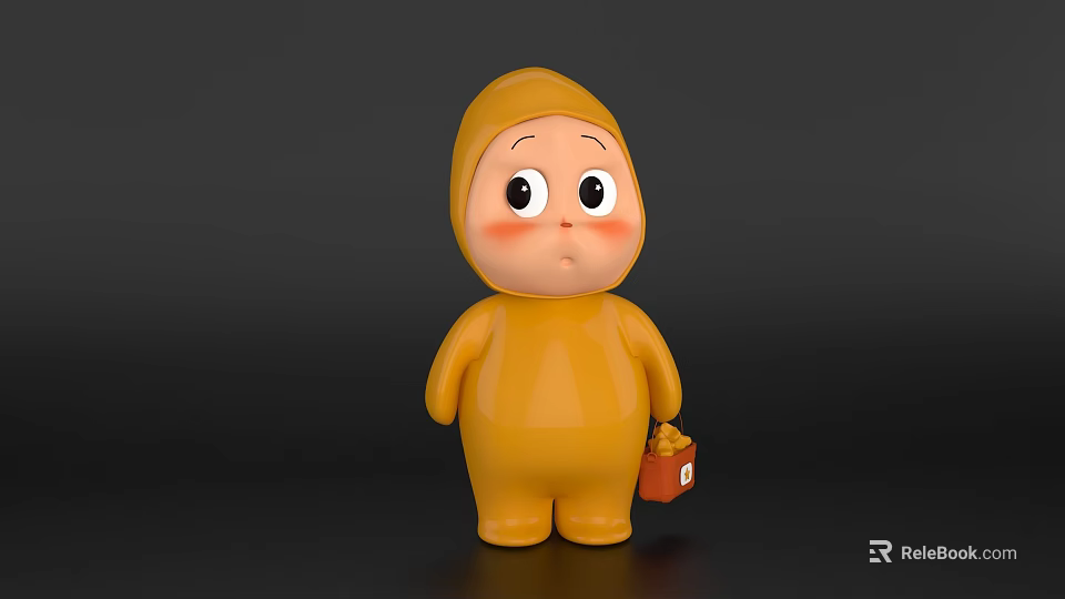 Cute Yellow Game Character With Hooded Outfit Blush Cheeks And Red Bucket 3d model 