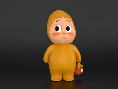 Cute Yellow Game Character With Hooded Outfit Blush Cheeks And Red Bucket 3d model