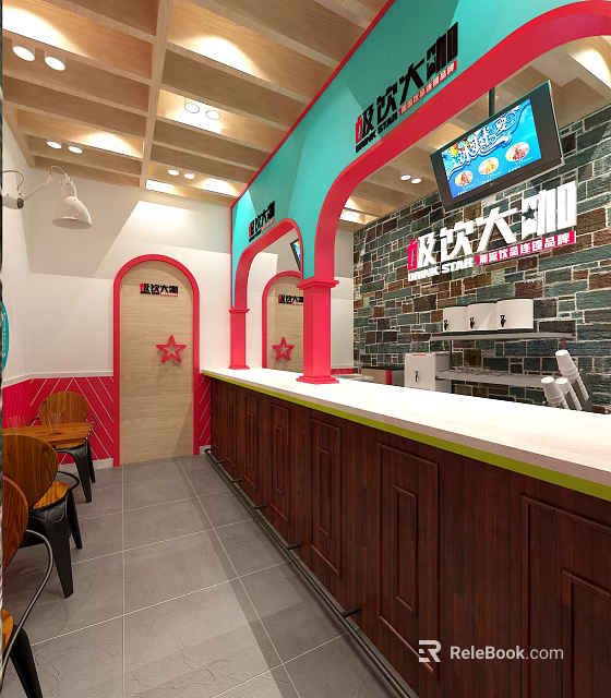 Cozy Milk Tea Shop Interior With Wooden Counter Arched Door And Stone Wall 3d model 