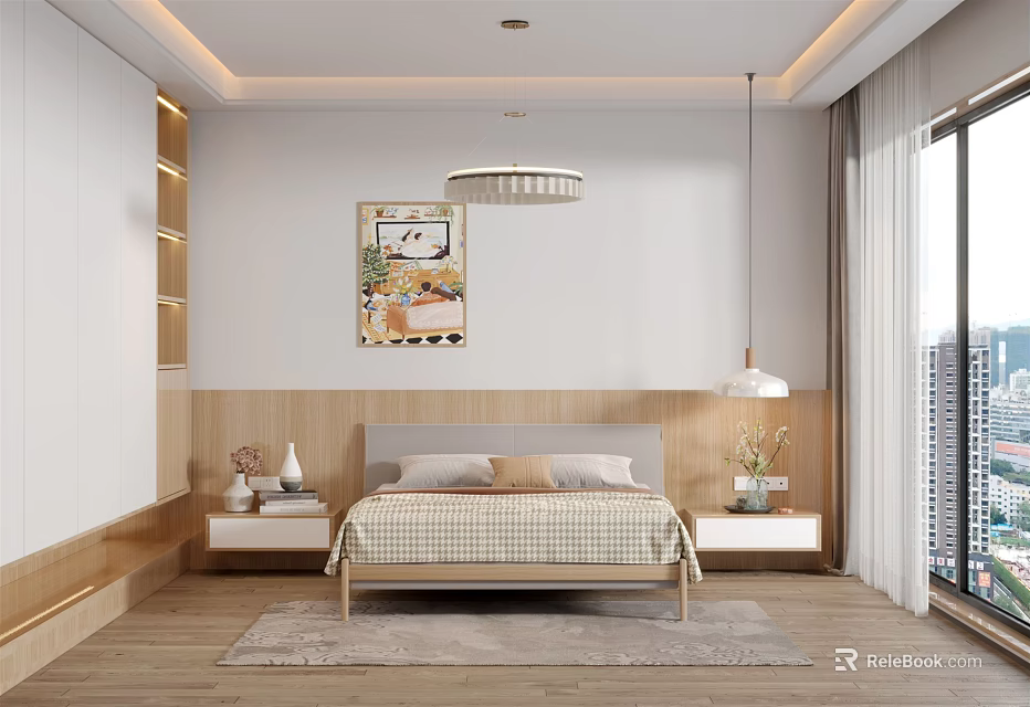 Modern Bedroom Interior With Bed Nightstands Chandelier Wall Art And Window Rug 3d model 