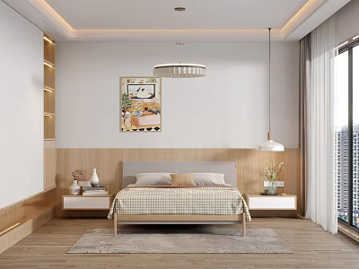 Modern Bedroom Interior With Bed Nightstands Chandelier Wall Art And Window Rug 3d model