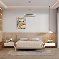 Modern Bedroom Interior With Bed Nightstands Chandelier Wall Art And Window Rug