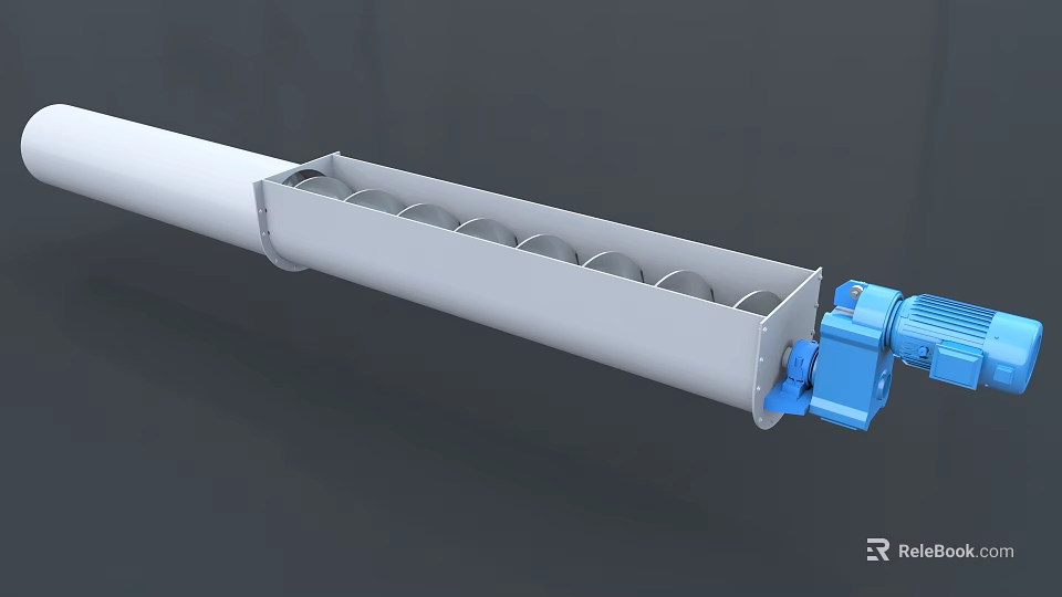 Industrial Screw Conveyor With White Cylindrical Body And Blue Motor For Material Handling 3d model 