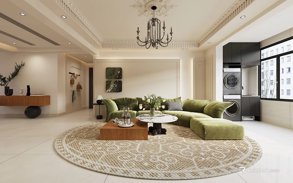 Cozy Cream Tone Living Dining Room With Green Velvet Sofa And Vintage Chandelier Design 3d model 