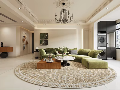 Cozy Cream Tone Living Dining Room With Green Velvet Sofa And Vintage Chandelier Design 3d model