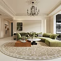 Cozy Cream Tone Living Dining Room With Green Velvet Sofa And Vintage Chandelier Design
