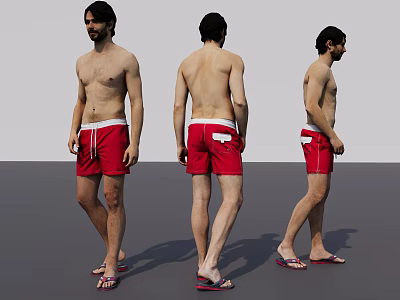 Shirtless Man in Red Shorts Wearing Flip Flops From Three Angles 3d model