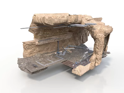 Damaged Rock Scene Component With Metal Frames And Debris Interior Details 3d model