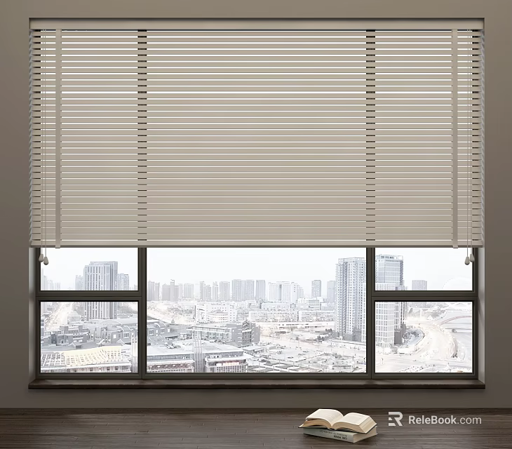 Light Colored Window Blinds Covering Window With Urban City Skyline View 3d model