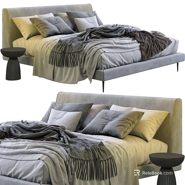 Modern Double Bed with Neutral Tones Pillows Cozy Blanket Soft Bedding and Side Stool 3d model 