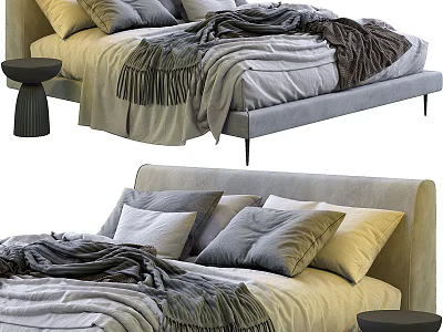 Modern Double Bed with Neutral Tones Pillows Cozy Blanket Soft Bedding and Side Stool 3d model