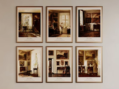 Six Framed Paintings With Classic Interior Scenes Hanging On White Wall 3d model