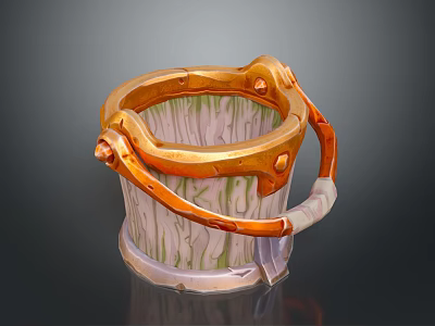 Decorative Household Bucket With Wooden Texture Orange Metal Handle And Green Accents 3d model