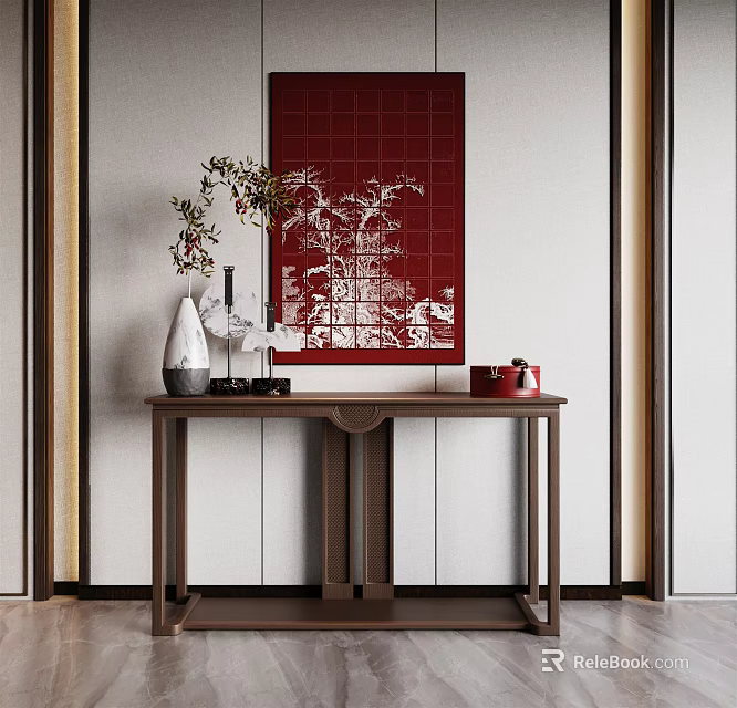 Traditional Chinese Console Table With Red Decorative Painting White Vase Branches And Red Box 3d model 
