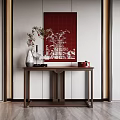 Traditional Chinese Console Table With Red Decorative Painting White Vase Branches And Red Box