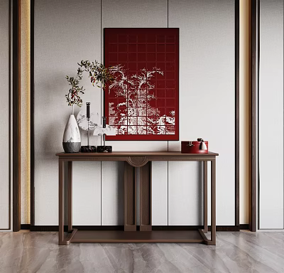 Traditional Chinese Console Table With Red Decorative Painting White Vase Branches And Red Box 3d model