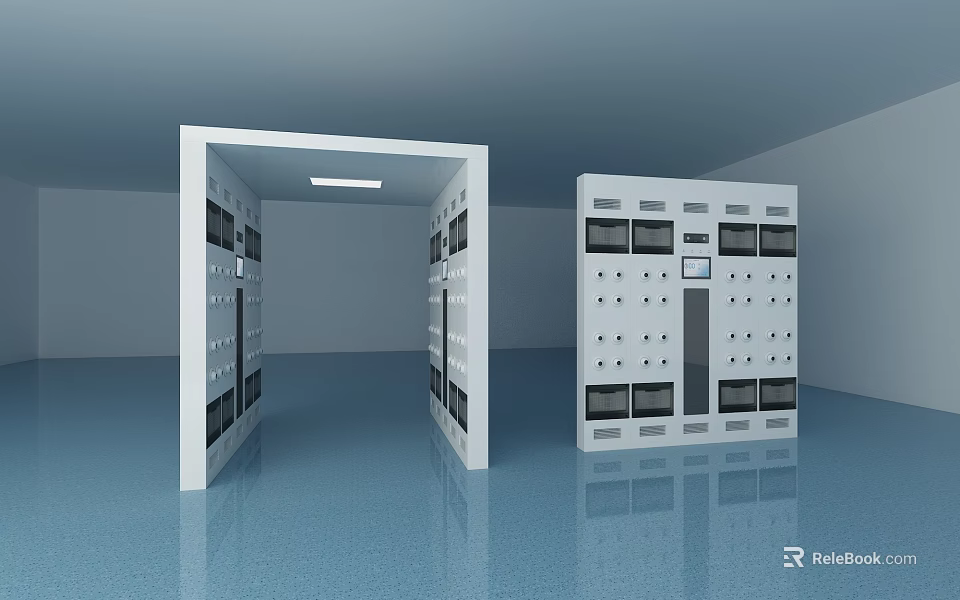 White Industrial Control Cabinets With Multiple Panels In Blue Floor Gray Walls Room 3d model 