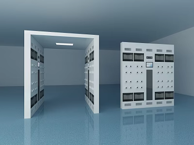 White Industrial Control Cabinets With Multiple Panels In Blue Floor Gray Walls Room 3d model