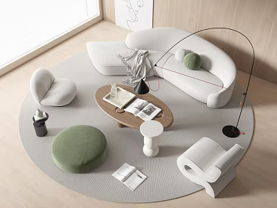Modern Curved Sofa Coffee Table Set With Wooden Top Round Rug And Floor Lamp 3d model