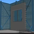Construction Site Worker Measuring Concrete Wall With Level Tool And Safety Scaffolding