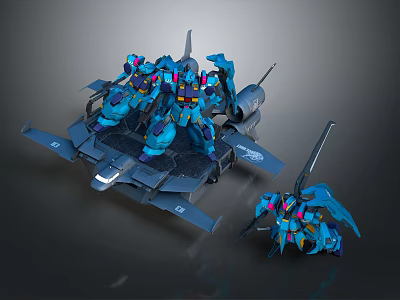 Blue Mechanical Robot Action Figures With Multiple Units On Platform Vehicle And Detailed Design 3d model