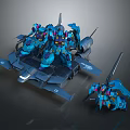 Blue Mechanical Robot Action Figures With Multiple Units On Platform Vehicle And Detailed Design
