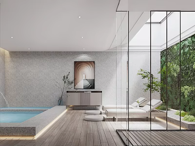 Luxury Modern Bathroom With Indoor Pool Glass Walls Wooden Flooring Green Plants And Decorative Painting 3d model