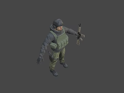 Tactical Human Character In Green Vest Helmet Camouflage Pants Holding Rifle On Gray Background 3d model