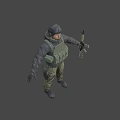 Tactical Human Character In Green Vest Helmet Camouflage Pants Holding Rifle On Gray Background