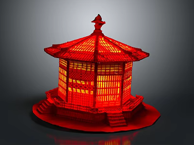 Traditional Chinese Pavilion Architecture With Red Exterior Roof Decorations Lattice Windows And Stepped Base 3d model