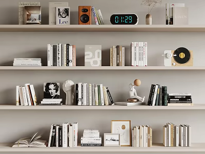 Stylish Decorative Ornament Combination on Shelves with Books Clock Vinyl Record Small Sculpture and Frames 3d model