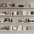 Stylish Decorative Ornament Combination on Shelves with Books Clock Vinyl Record Small Sculpture and Frames