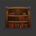 Wooden Bookshelf with Multiple Shelves Filled with Red and Brown Books and Purple Decorative Corners