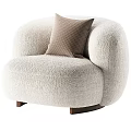 Cozy Beige Plush Armchair With Checkered Pillow And Wooden Legs
