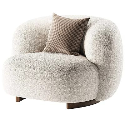 Cozy Beige Plush Armchair With Checkered Pillow And Wooden Legs 3d model