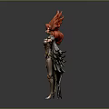 Mythical Woman With Red Flame Hair In Gold Black Armor And Feather Wings Arms Outstretched