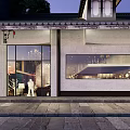 Traditional Chinese Storefront In Evening Featuring Wooden Panels Large Glass Windows And Eaves