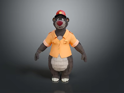 Cartoon Bear Character In Red Hat And Orange Shirt With Red Nose Standing Pose 3d model