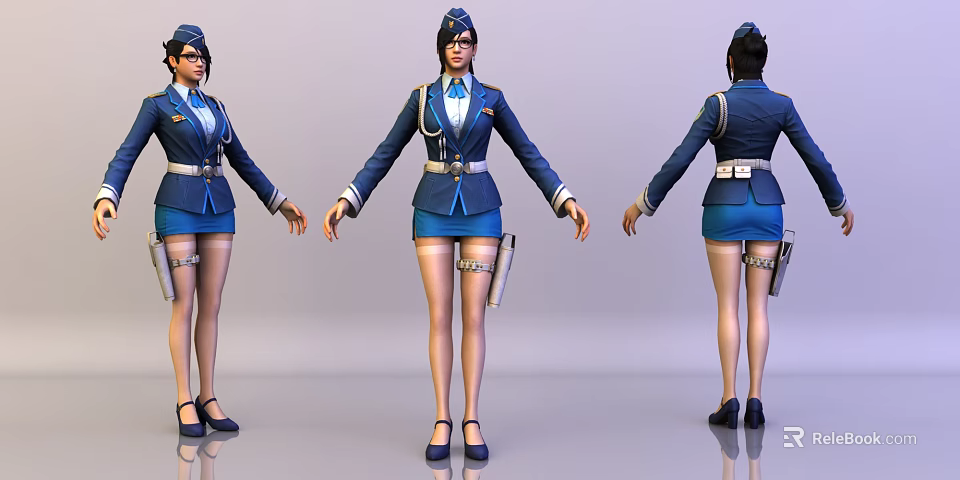 Game Movie Character in Blue Uniform with Hat Short Skirt Leg Holsters Three Angles 3d model 