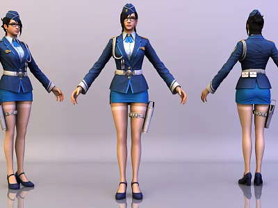Game Movie Character in Blue Uniform with Hat Short Skirt Leg Holsters Three Angles 3d model