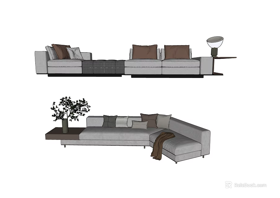 Stylish Sectional Sofa With Gray Fabric Brown Cushions Side Table And Throw Blanket 3d model