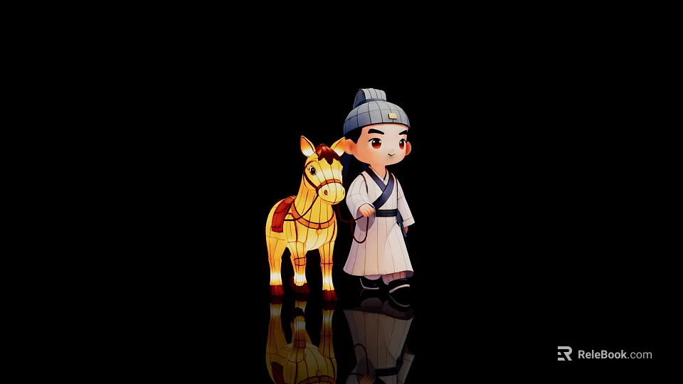 Cartoon Style Art Installation Featuring Ancient Figure and Pony with Traditional Attire on Black Background 3d model 