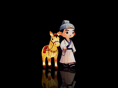 Cartoon Style Art Installation Featuring Ancient Figure and Pony with Traditional Attire on Black Background 3d model